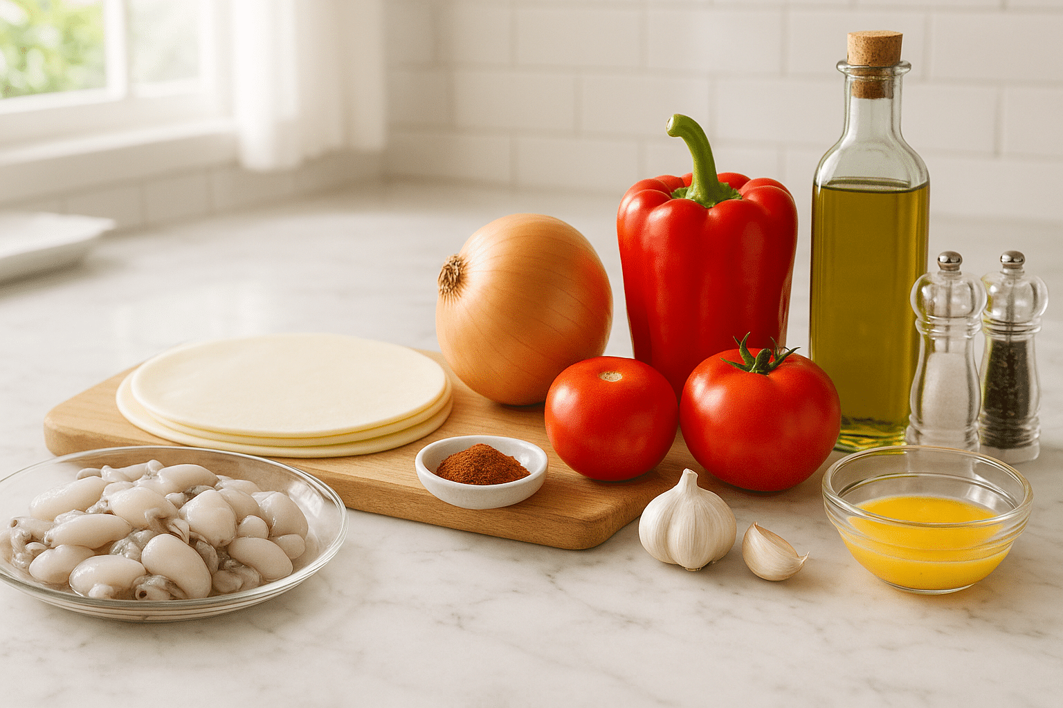 Ingredientes para la empanada de chopitos Ingredientes para la empanada de chopitos