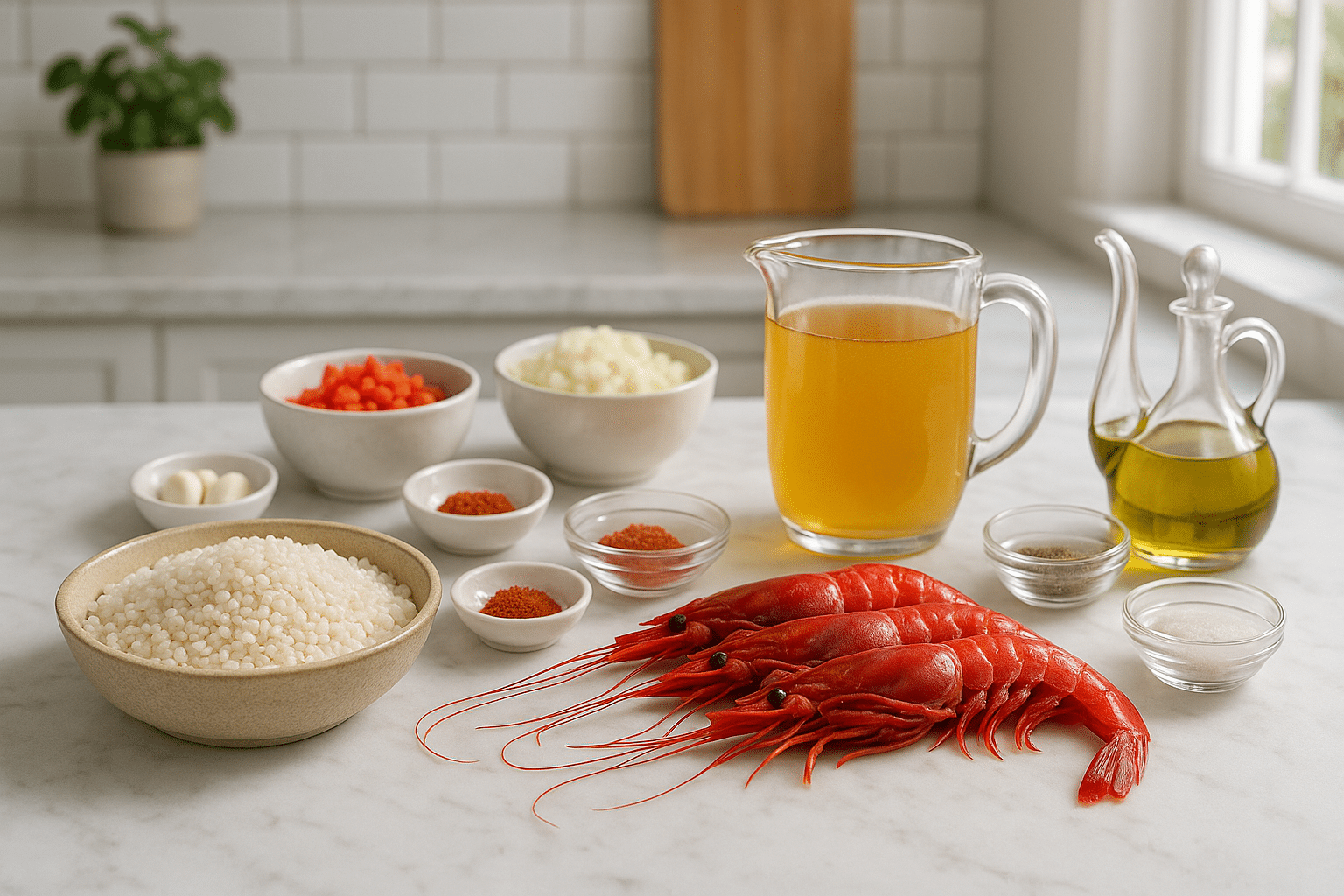 Ingredientes para hacer arroz caldoso con Carabineros Ingredientes para hacer arroz caldoso con Carabineros