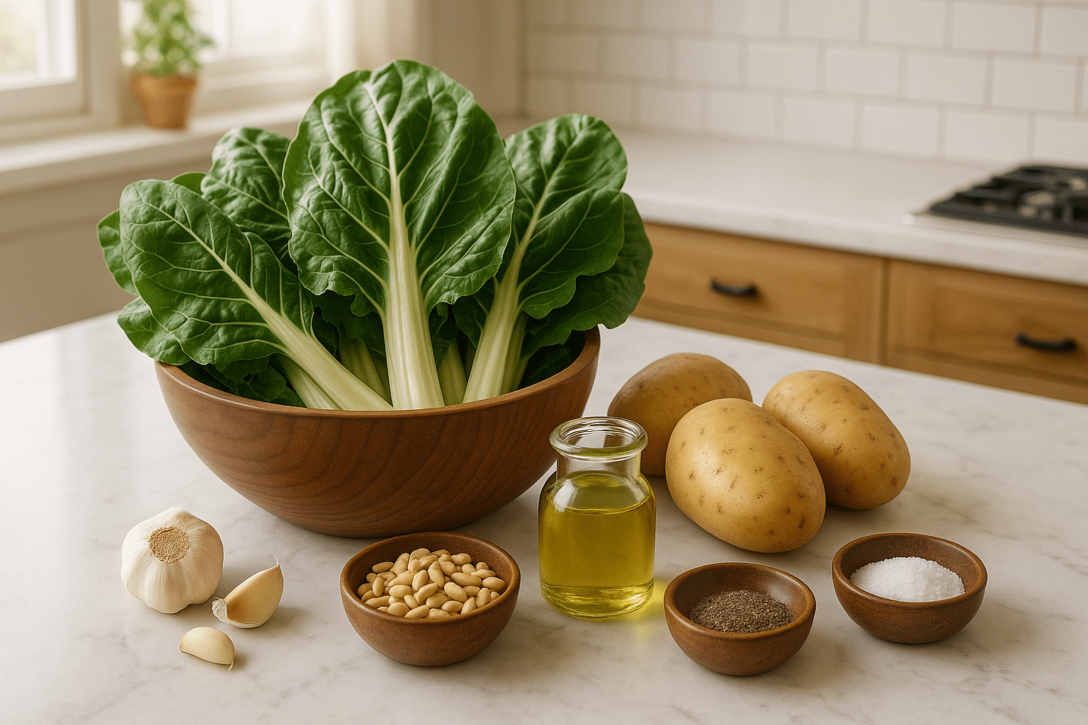 Ingredientes para hacer Acelgas con patatas al aceite de piñones Ingredientes para hacer Acelgas con patatas al aceite de piñones