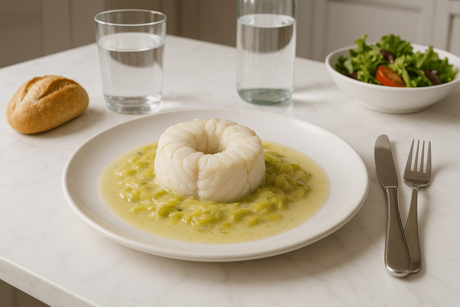 Corona de merluza con salsa de puerros Corona de merluza con salsa de puerros