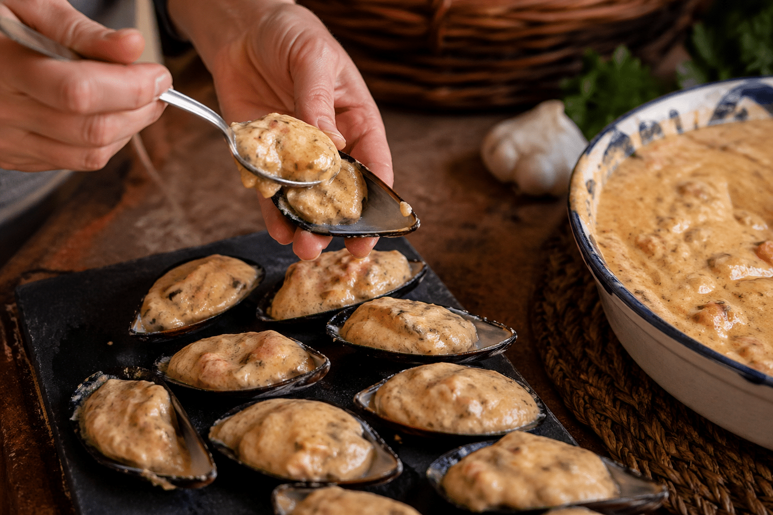 Mejillones tigre Rellenar las conchas para los mejillones tigre