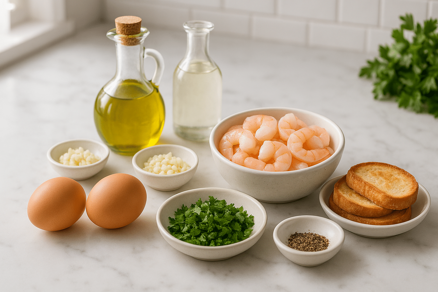 Ingredientes para hacer Huevos Escalfados con Gambas Ingredientes para hacer Huevos Escalfados con Gambas