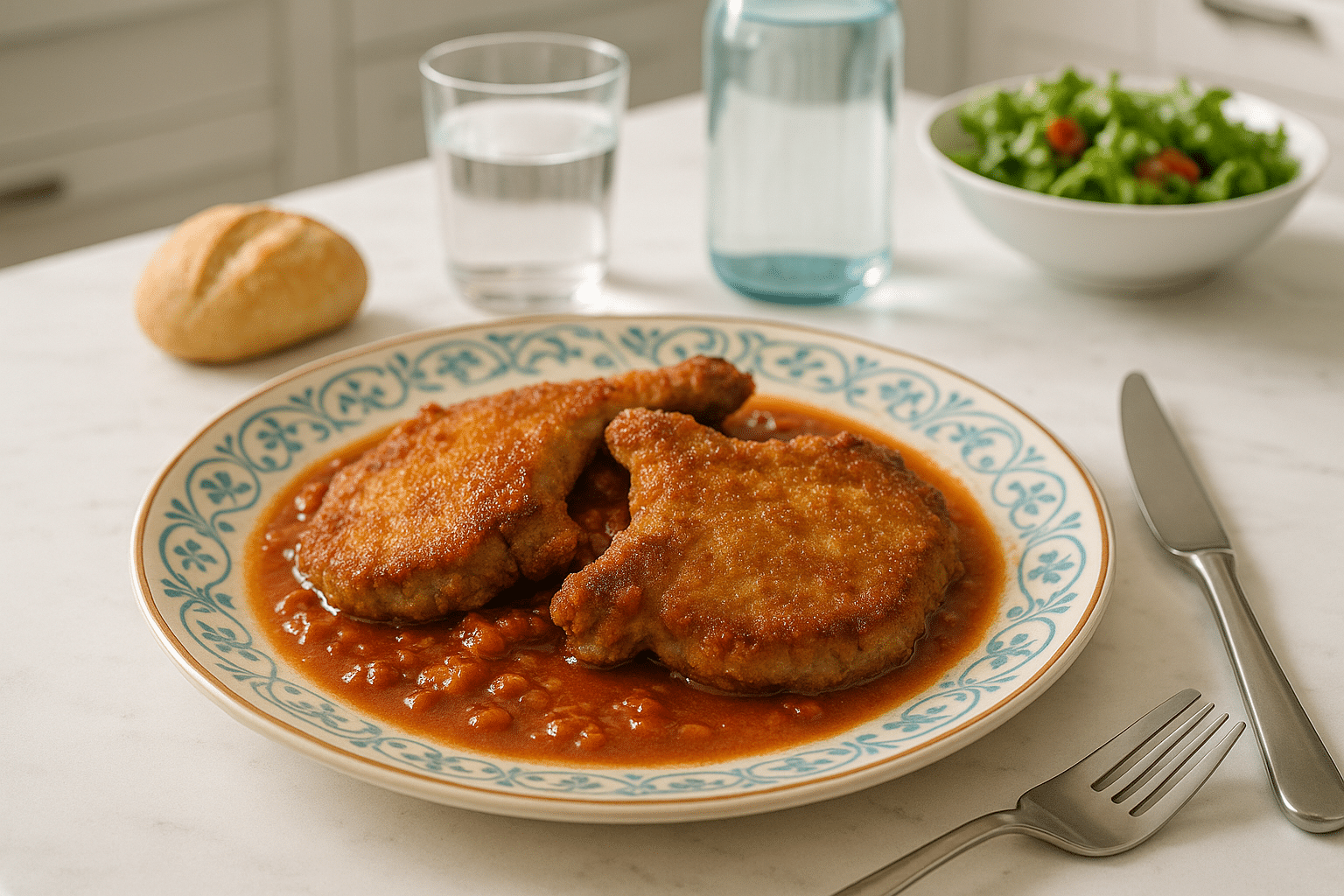 Receta casera de Chuletas empanadas en salsa Receta casera de Chuletas empanadas en salsa