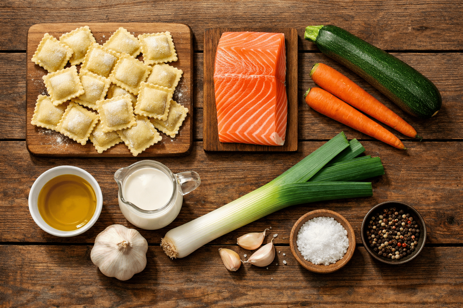 Ravioli con Salmón y Verduras Ingredientes para ravioli con salmón y verduras