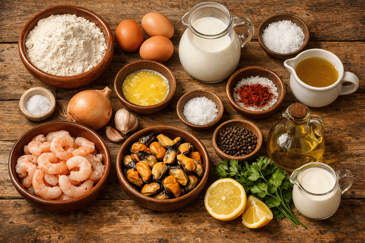 Crepes rellenas de gambas y mejillones al azafrán Ingredientes para las crepes rellenas de gambas y mejillones