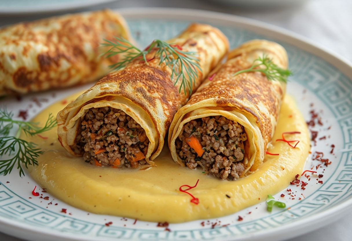 Crepes rellenas de gambas y mejillones al azafrán Crepes rellenas de gambas y mejillones al azafrán