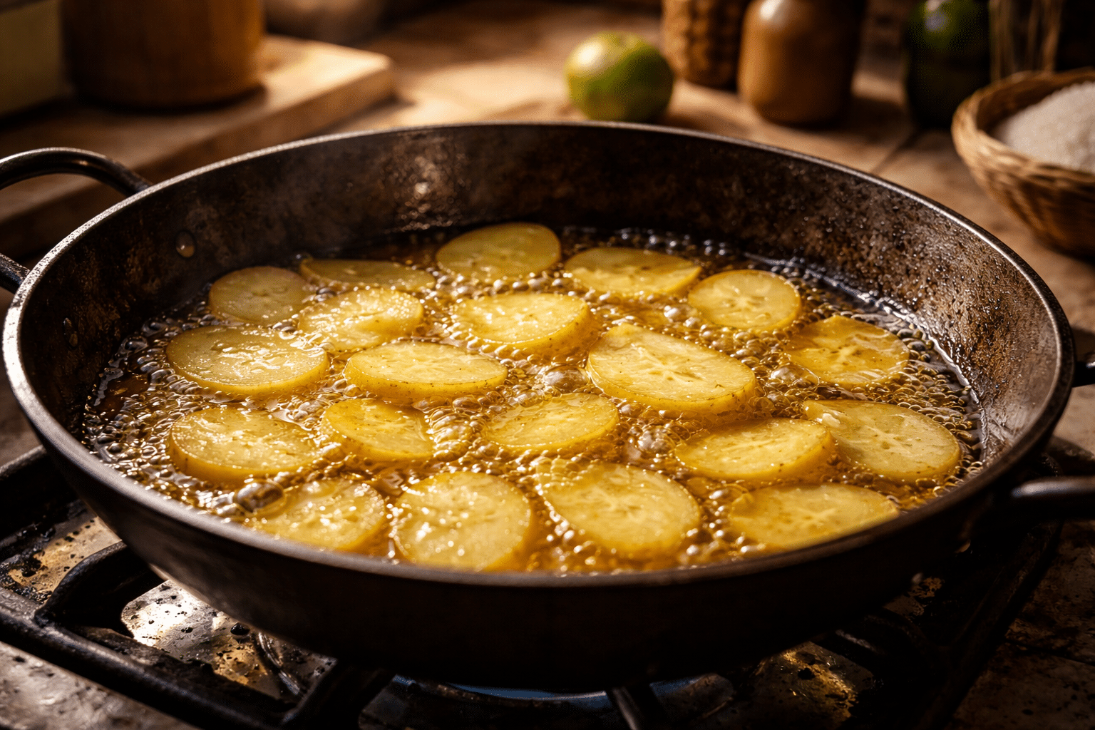 Tortilla de patatas freir las patatas para la tortilla de patatas