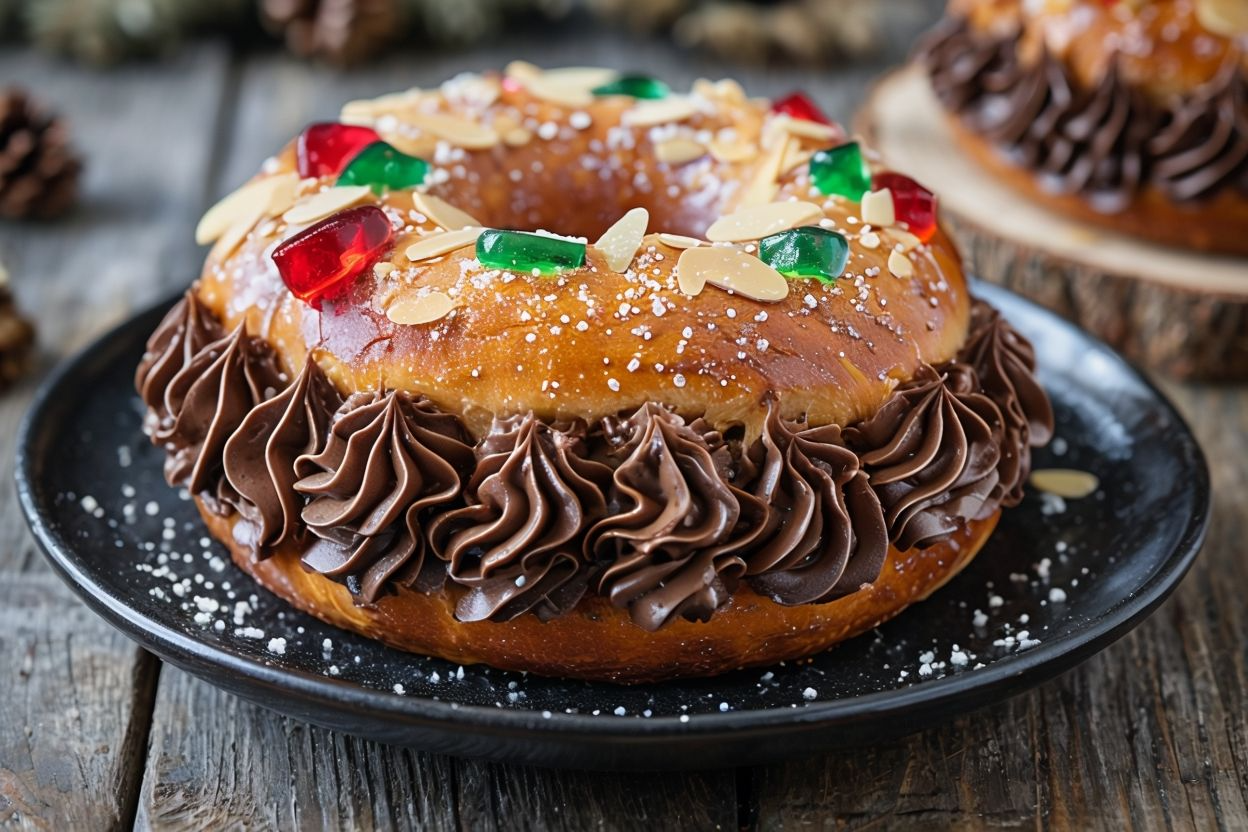 Roscón de Reyes relleno de crema de chocolate o trufa Roscón de Reyes relleno de crema de chocolate o trufa