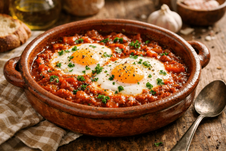 Huevos escalfados en tomates guisados Huevos escalfados en tomates guisados
