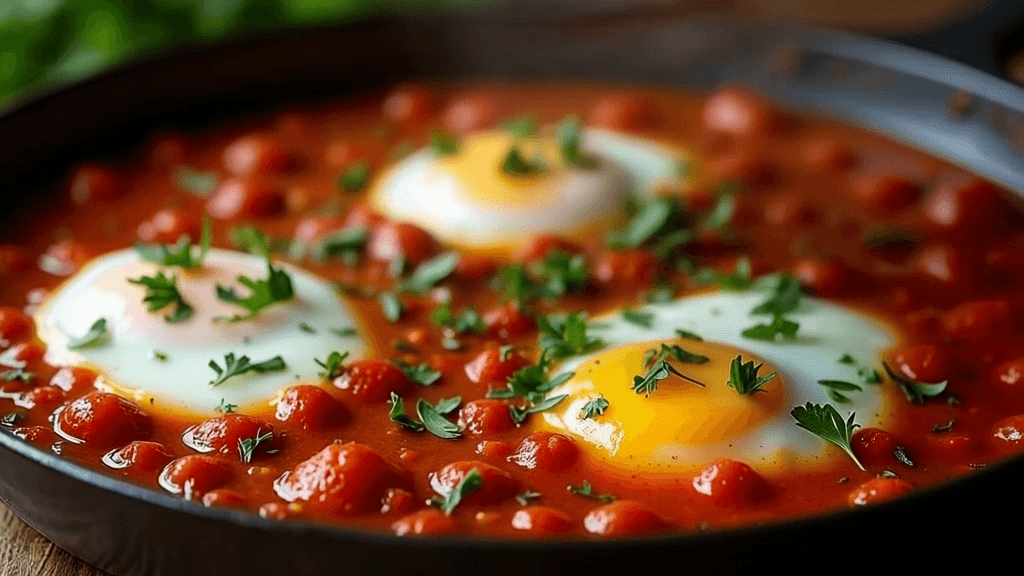 Huevos escalfados en tomates guisados Huevos escalfados en tomates guisados