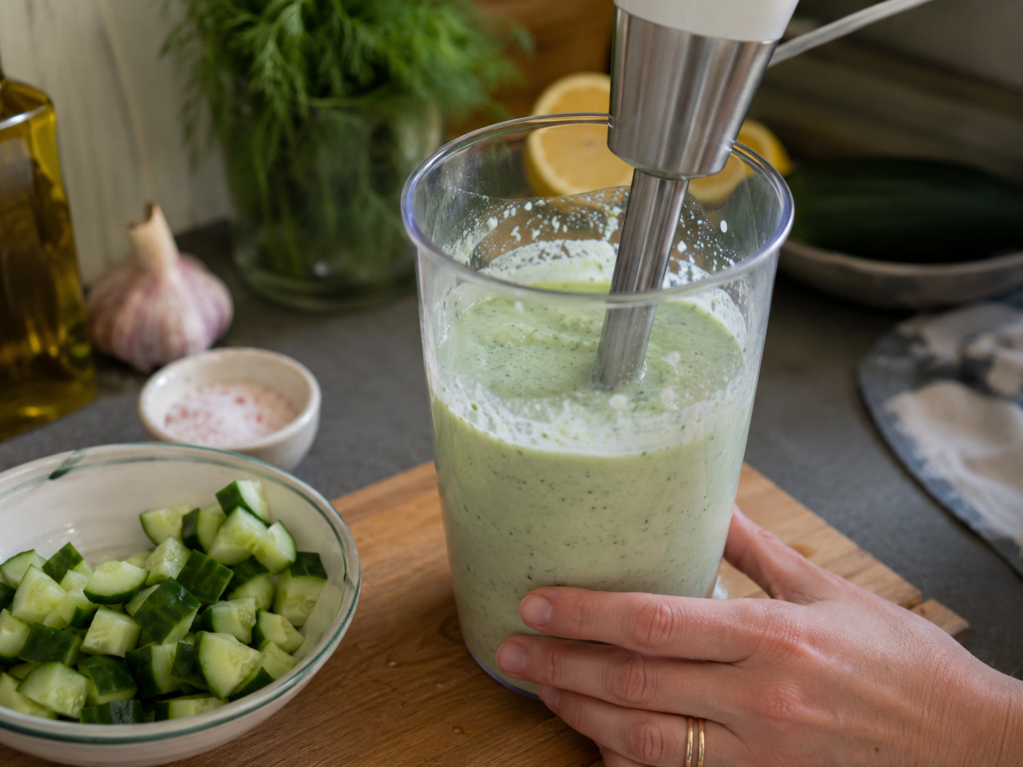 Sopa fria de Pepino Triturar hasta dejar una crema fina