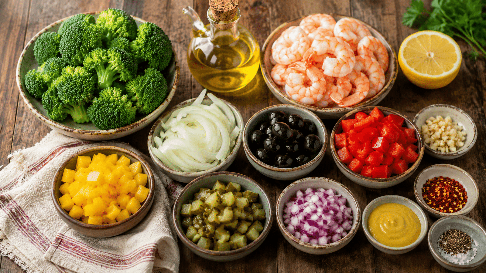Ensalada Española de brocoli y Langostinos Ingredientes para hacer ensalada española