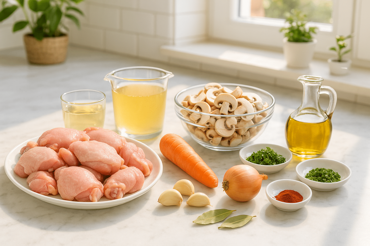 Ingredientes para preparar Guiso de Pollo con Champiñones Ingredientes para preparar Guiso de Pollo con Champiñones