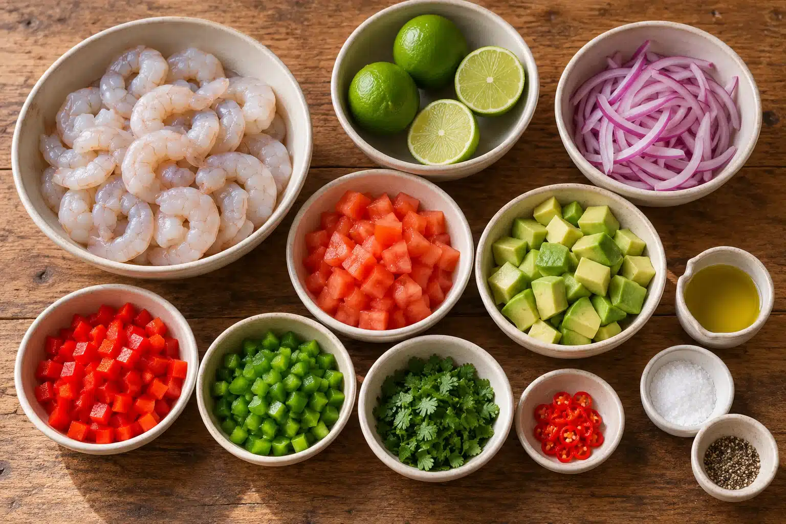 Ingredientes para ceviche de gambas cocidas
