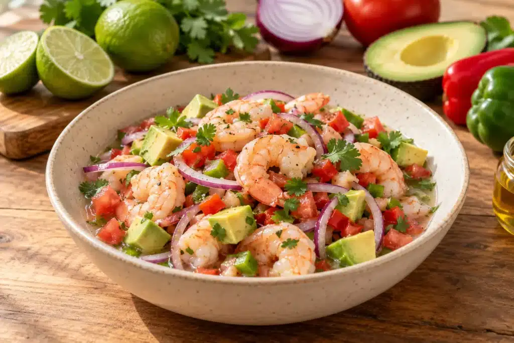 Presentación de ceviche de gambas cocidas