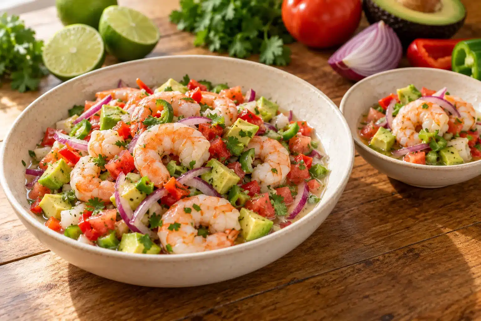 Presentación de ceviche de gambas cocidas