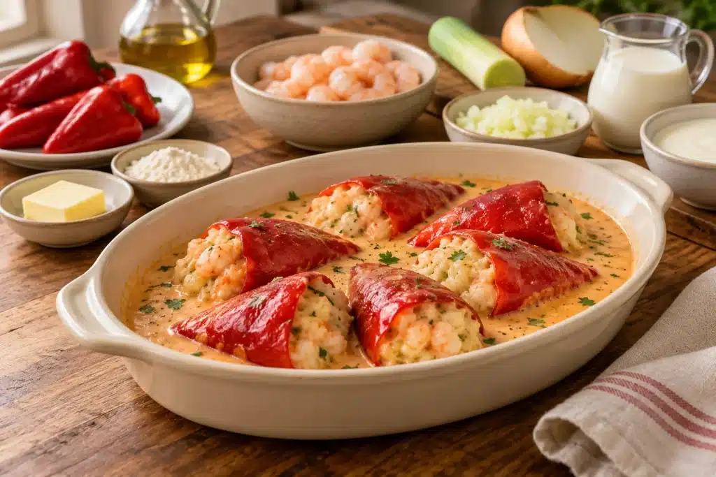 Presentación de pimientos del piquillo rellenos de gambas