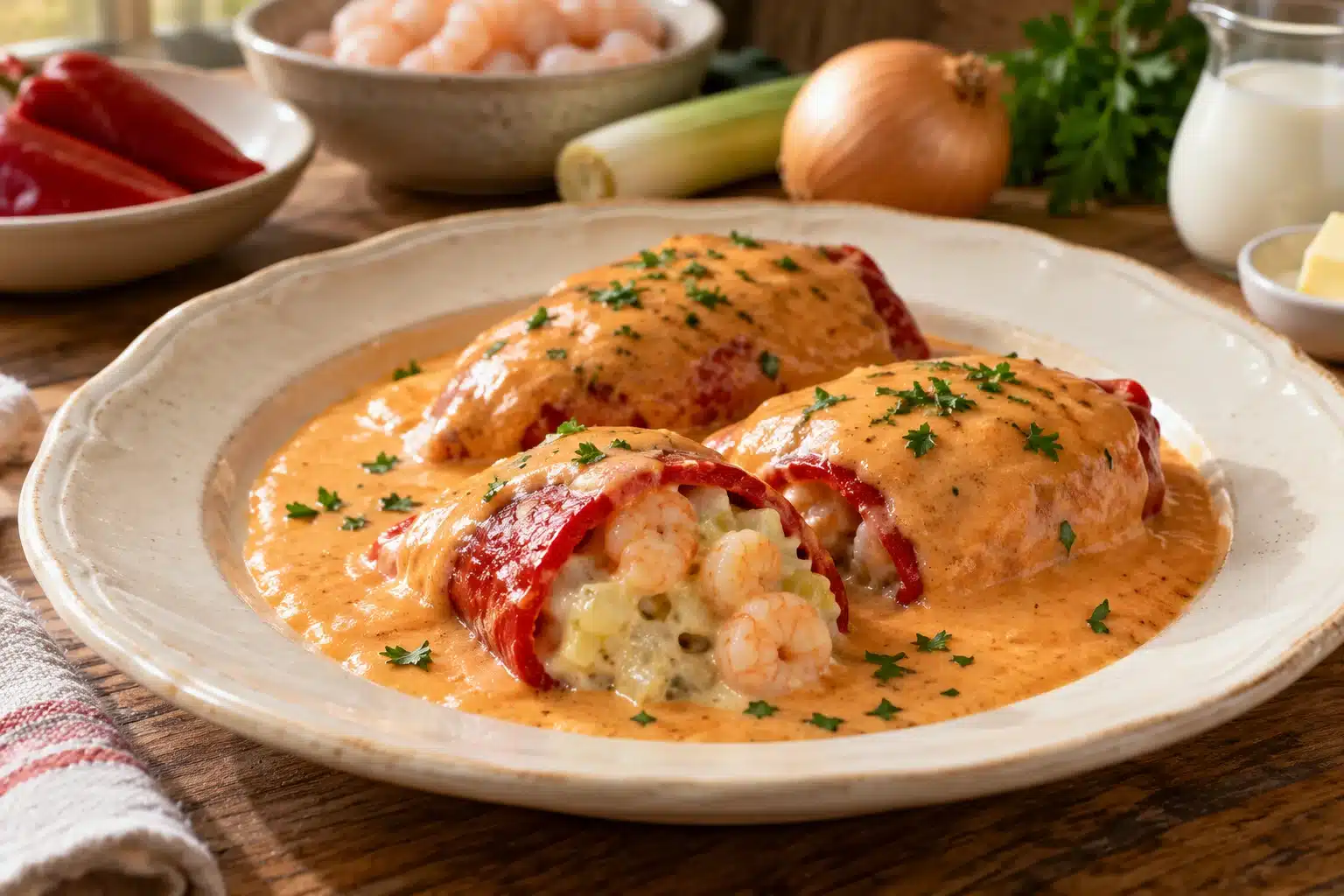 Presentación de pimientos del piquillo rellenos de gambas