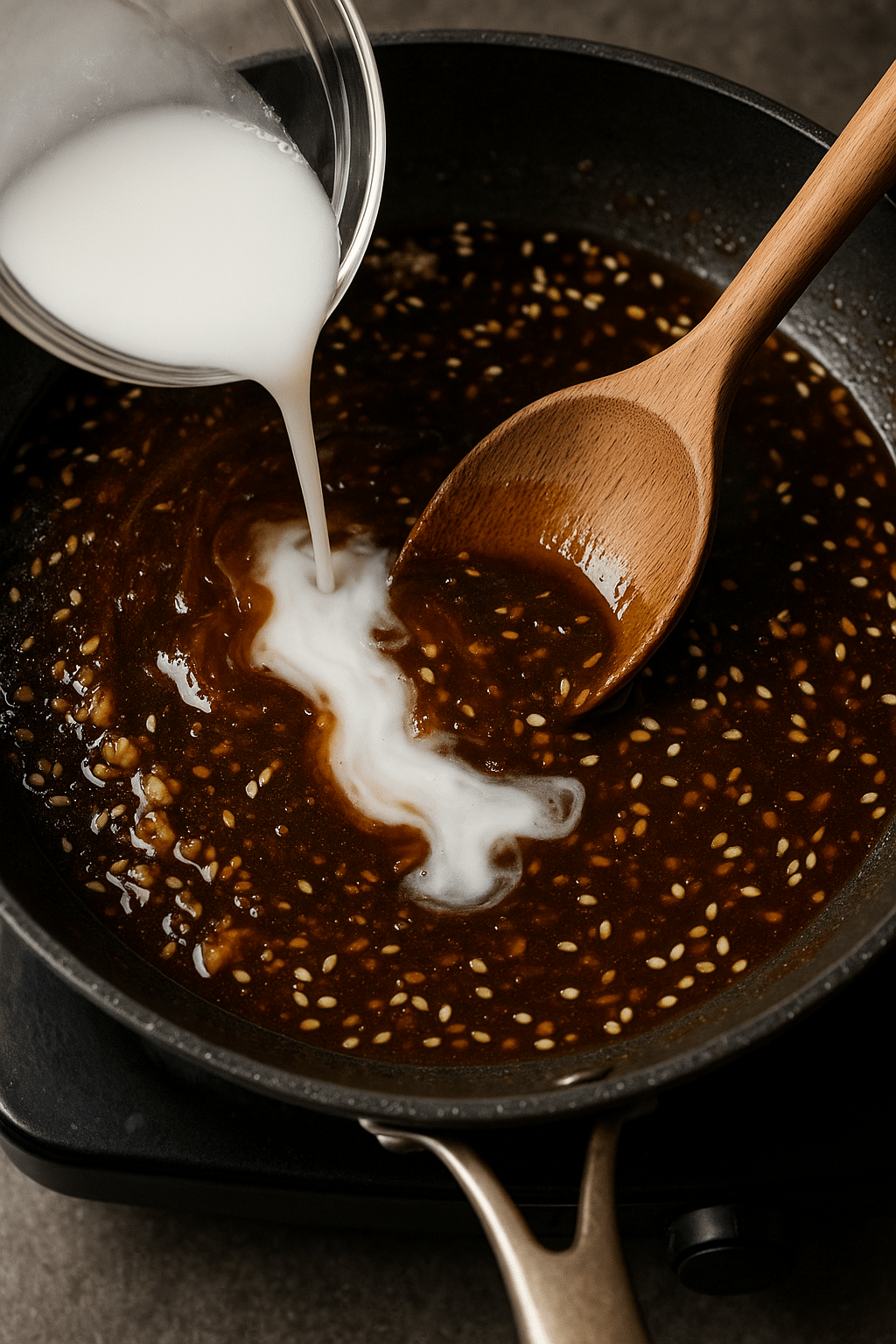 Salsa Tie Ban añadiendo la fecula de maiz a la salsa tie ban