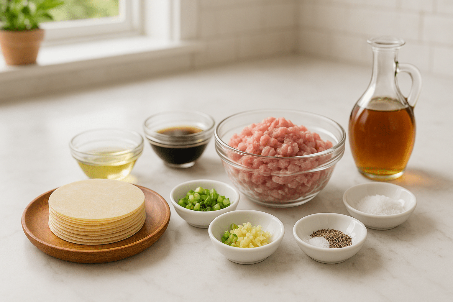 Ingredientes para preparar wan tun frito tradicional Ingredientes para preparar wan tun frito tradicional