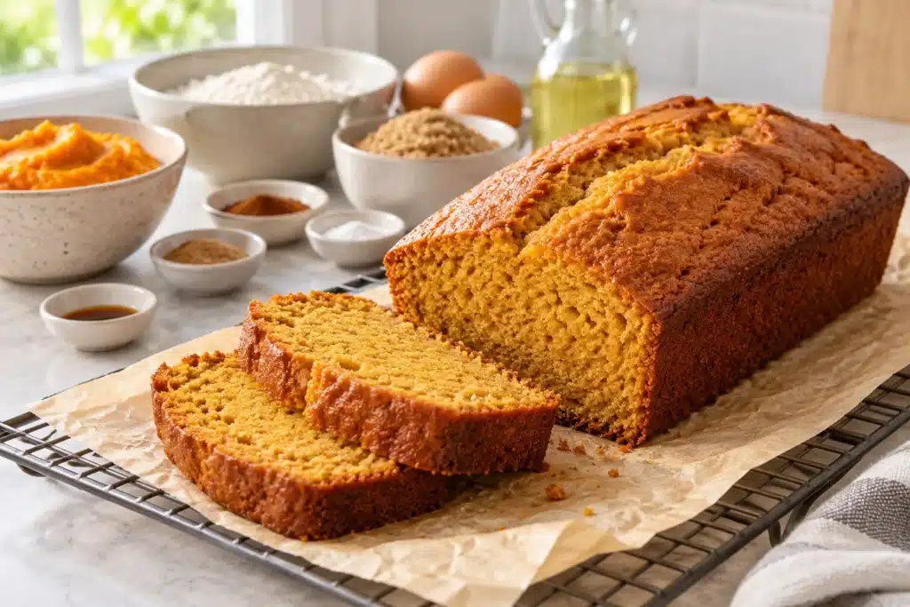 Bizcocho rectangular de calabaza con dos rebanadas y corteza dorada