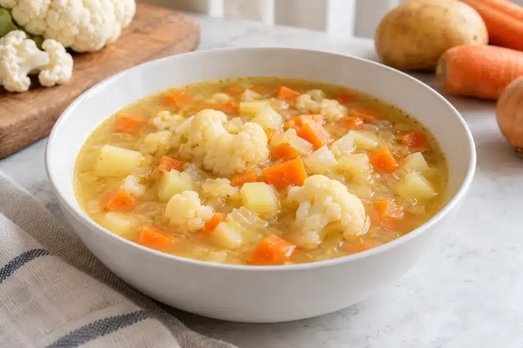 Sopa de coliflor con patata y zanahoria en caldo de verduras