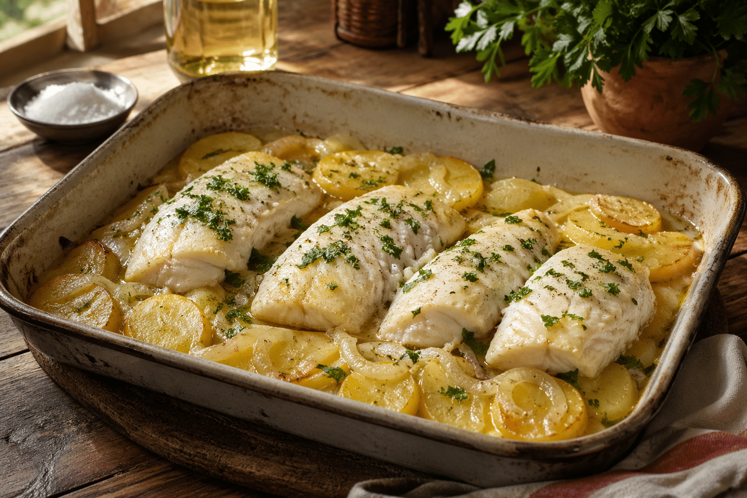 Merluza al horno merluza al horno, con patatas, cebolla y vino blanco