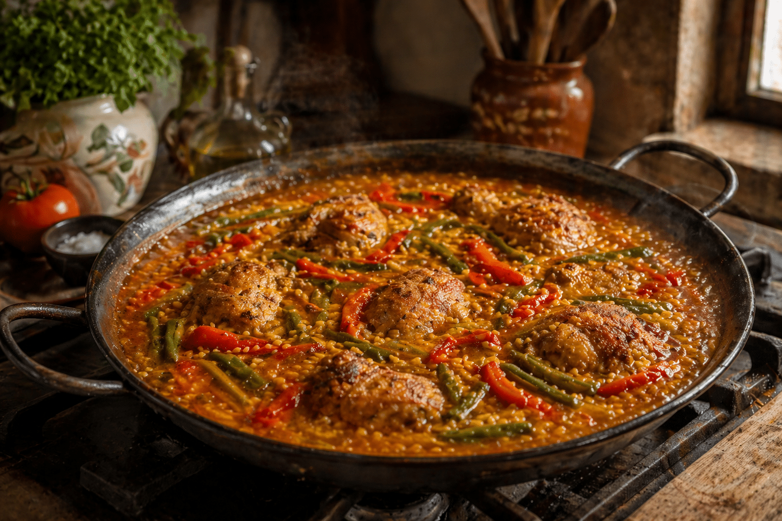 Paella de pollo Cocinar la paella de pollo