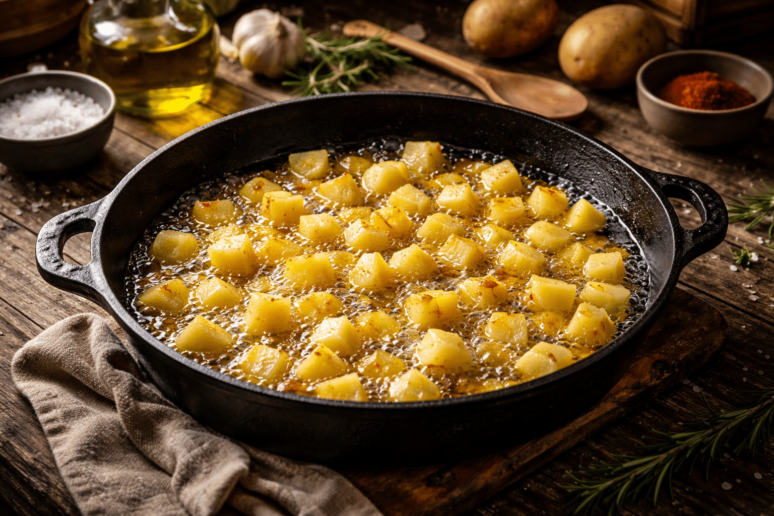 Patatas bravas Freír las patatas como en bar