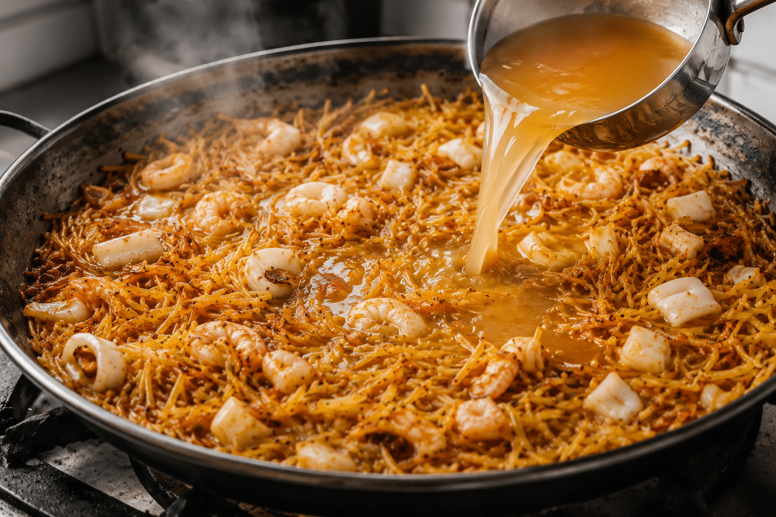 Receta fideua Añadir el caldo caliente a la fideua