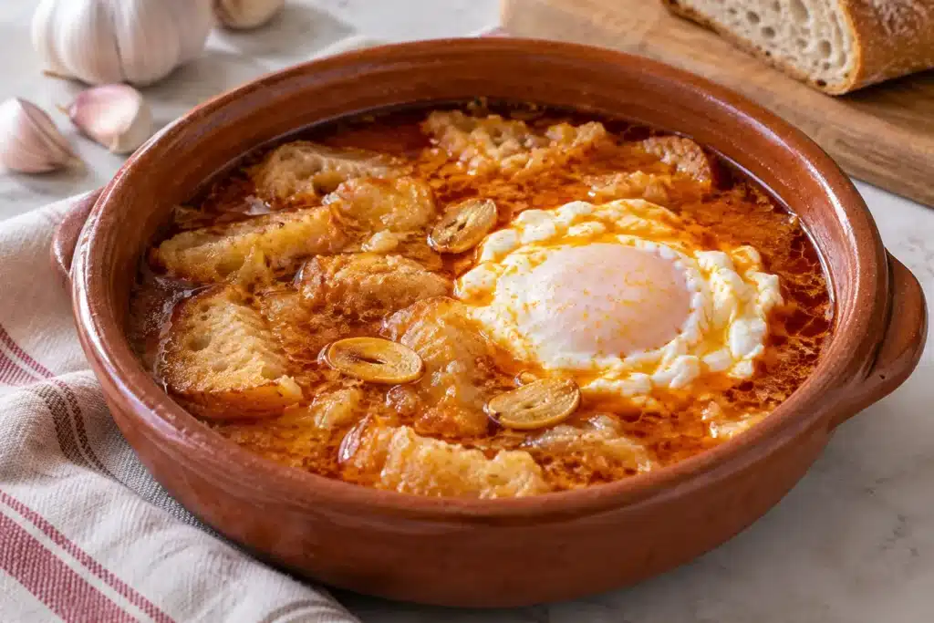 Sopa de ajo con pan, pimentón y huevo cuajado en una cazuela