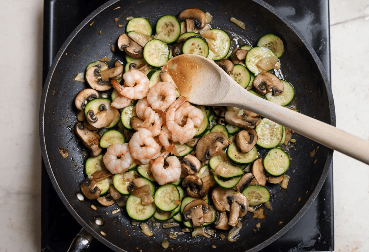 Salteado de calabacín con gambas Salteado de calabacín con gambas