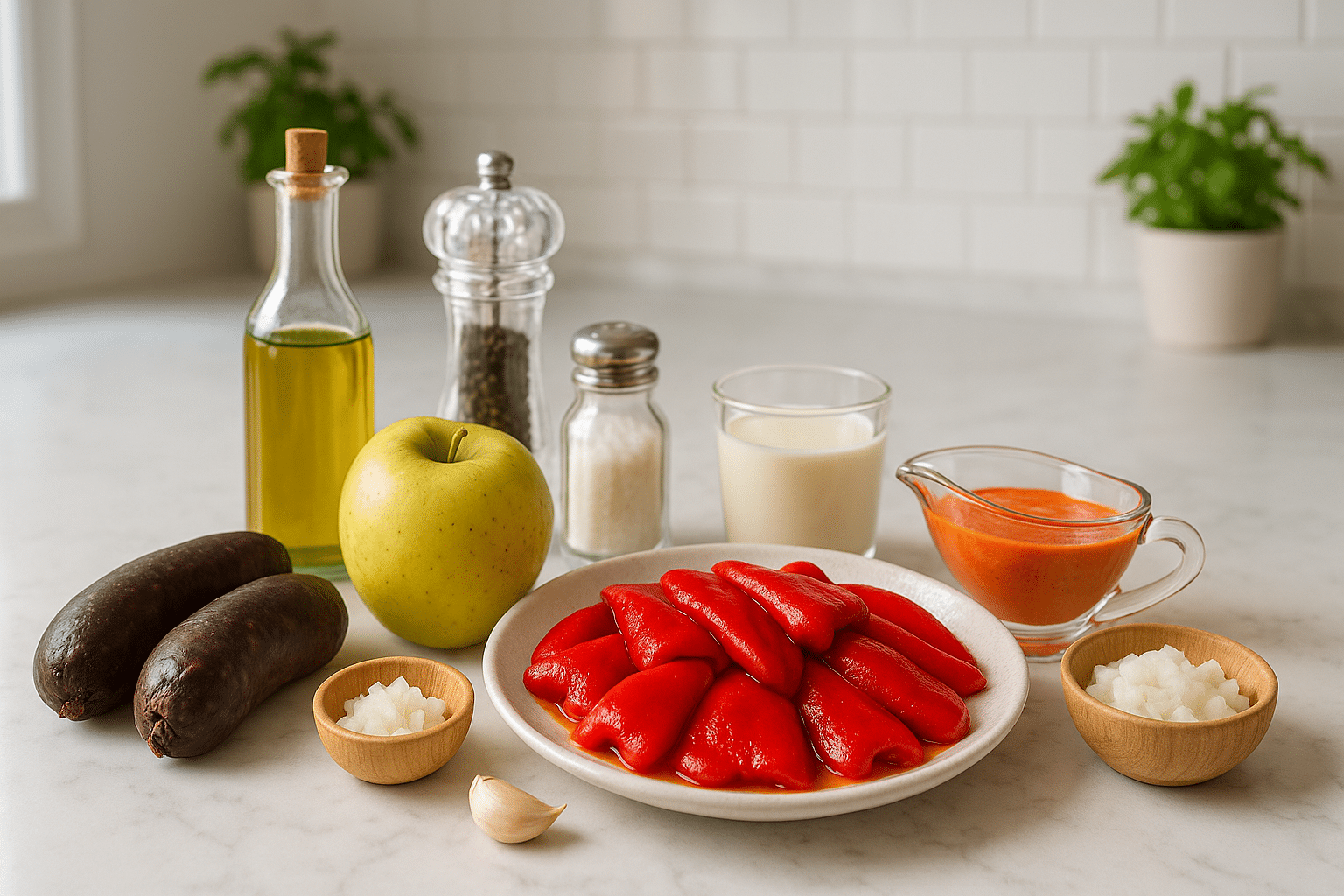 Ingredientes para preparar Pimientos del Piquillo Rellenos de Morcilla y Manzana Ingredientes para preparar Pimientos del Piquillo Rellenos de Morcilla y Manzana