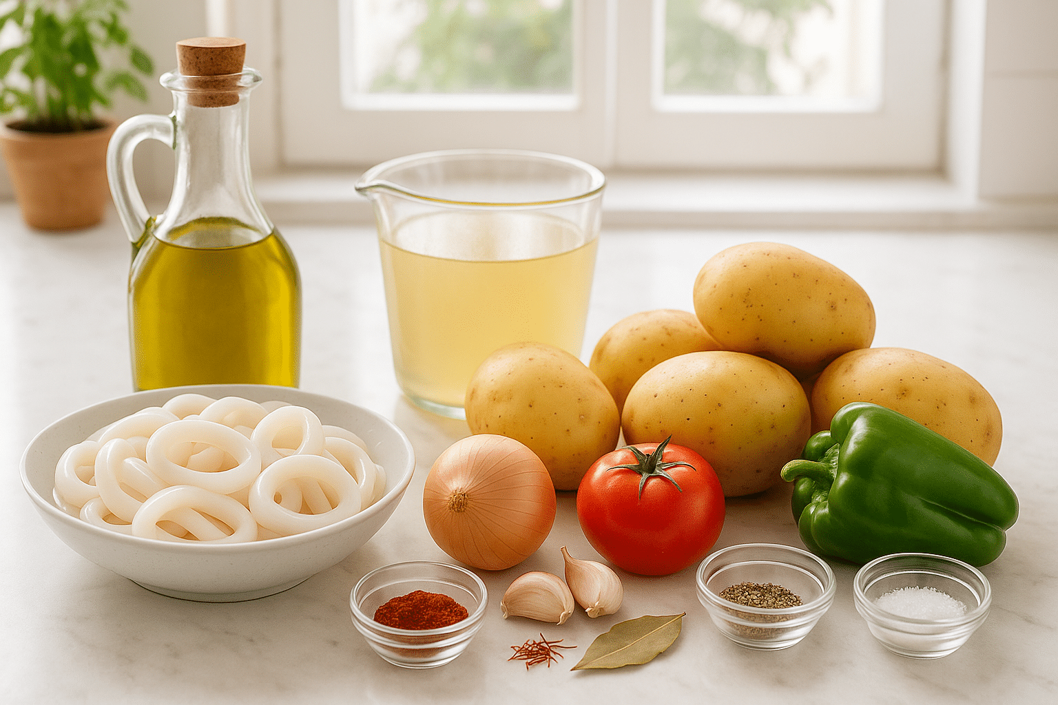 Ingredientes para el guiso de patatas con calamares Ingredientes para el guiso de patatas con calamares