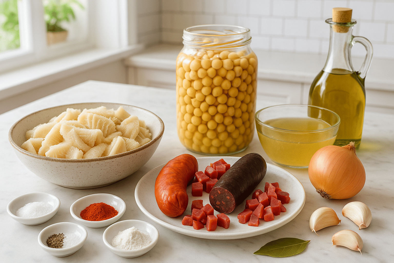 Ingredientes para preparar callos con garbanzos de bote Ingredientes para preparar callos con garbanzos de bote