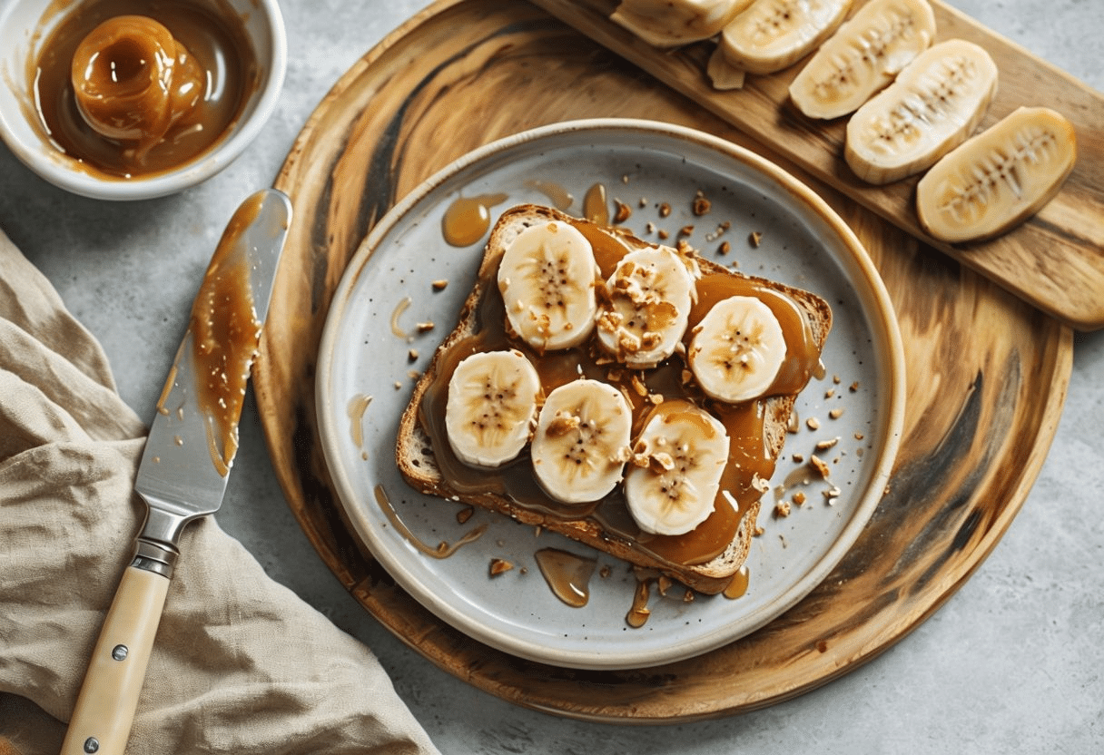 Tostadas con crema de maní y plátano Tostadas con crema de maní y plátano