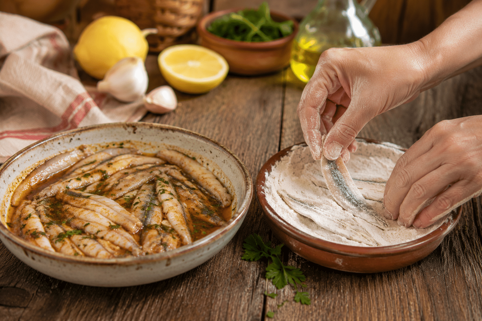 Boquerones en adobo fritos Boquerones enharinados antes de freír