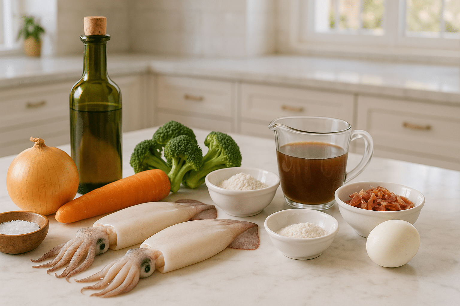 Ingredientes para los calamares rellenos en salsa Ingredientes para los calamares rellenos en salsa
