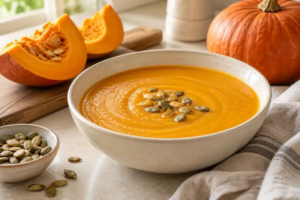 Crema de calabaza suave con unas semillas de calabaza en un cuenco