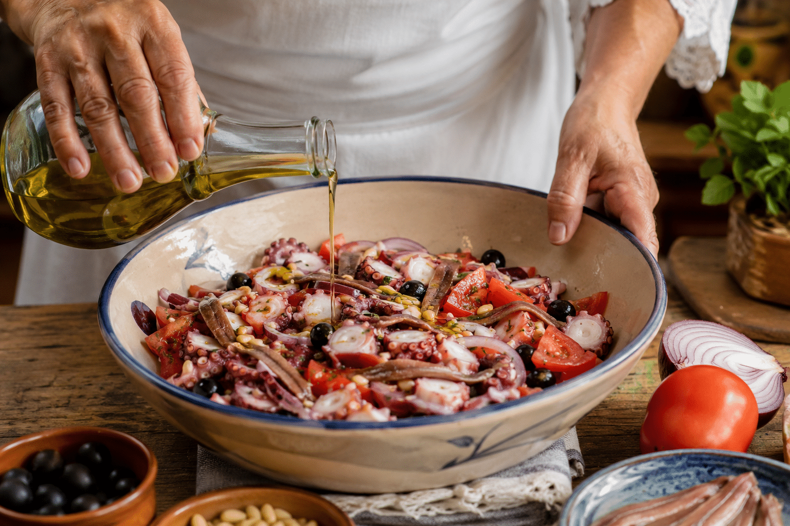 Ensalada de Pulpo con Anchoas, Aceitunas y Piñones Aliñar la ensalada de pulpo