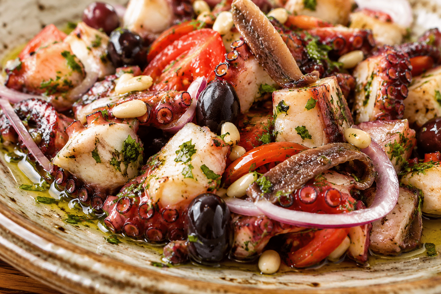 Ensalada de Pulpo con Anchoas, Aceitunas y Piñones Ensalada de Pulpo con Anchoas