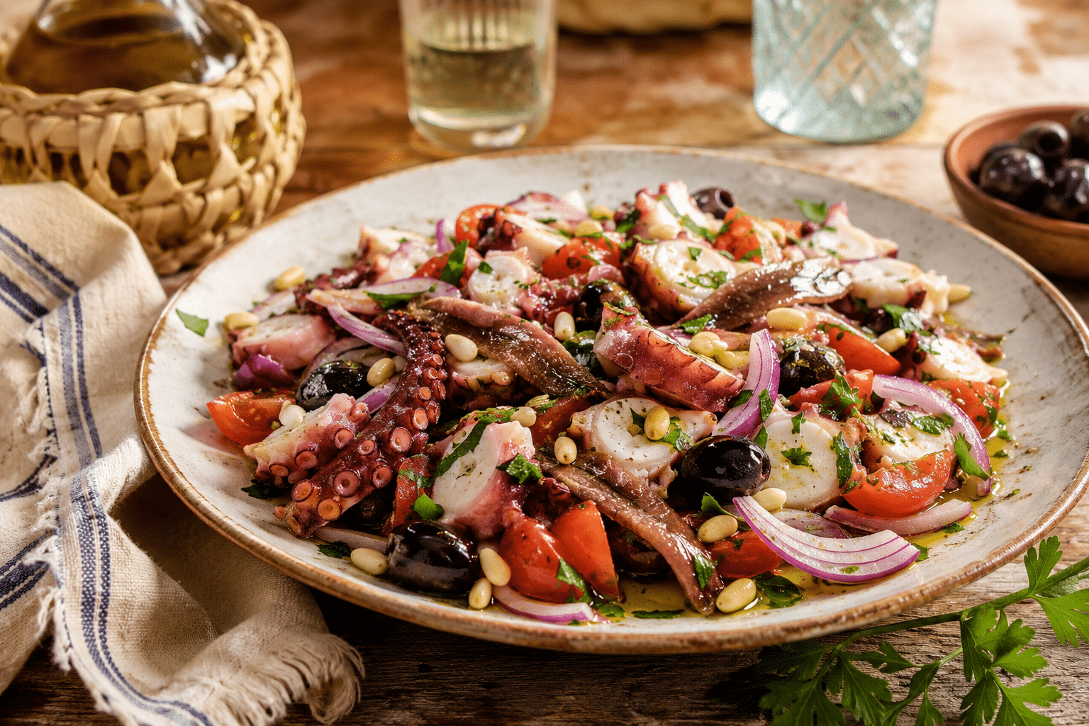 Ensalada de Pulpo con Anchoas, Aceitunas y Piñones Ensalada de Pulpo con Anchoas, Aceitunas y Piñones