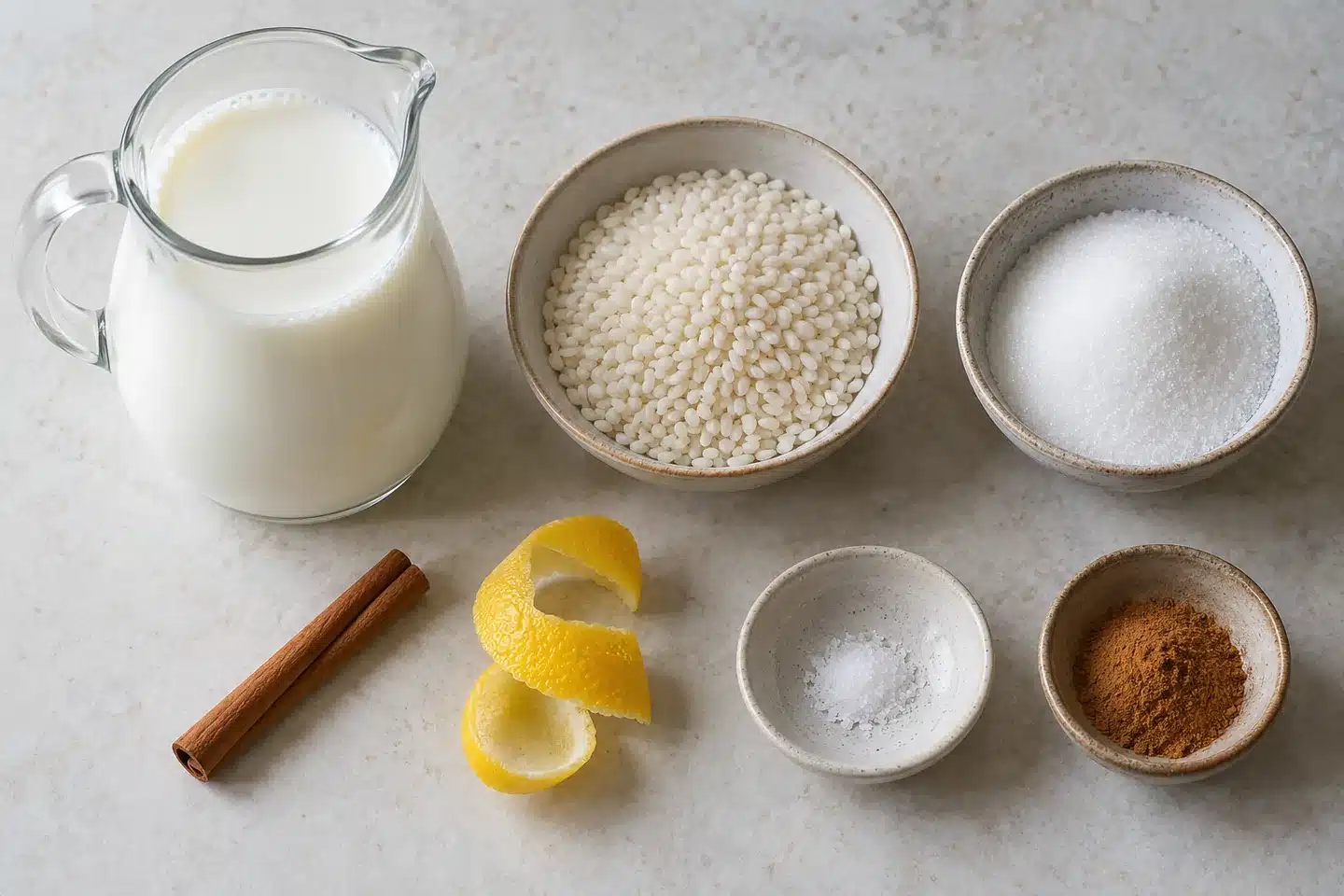 Leche, arroz redondo, azúcar, canela y limón para arroz con leche