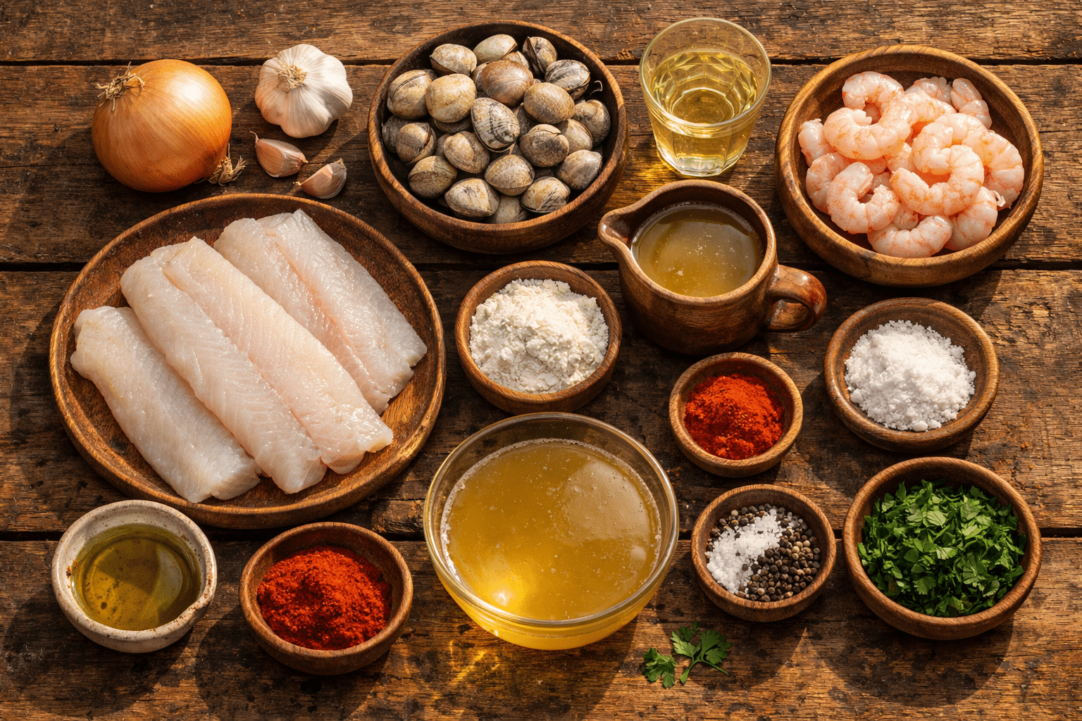 Merluza a la marinera Ingredientes para la merluza a la marinera con almejas y gambas