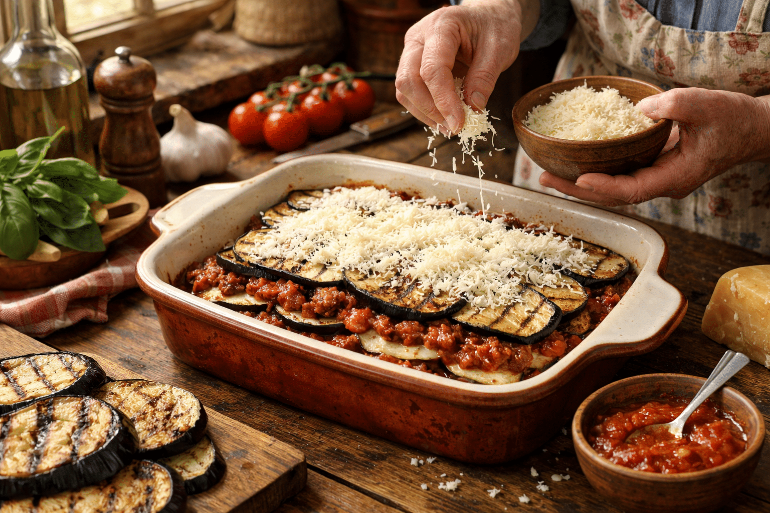 Lasaña de berenjena Monta la lasaña de berenjena