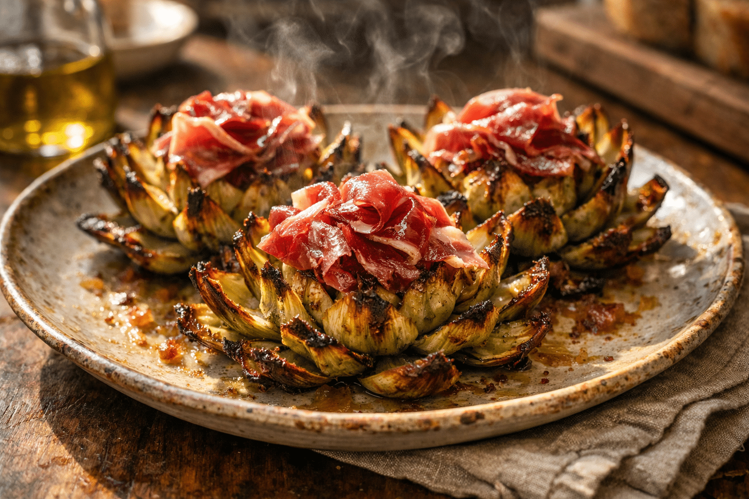 Alcachofas a la plancha en flor con jamón Alcachofas a la plancha en flor con jamón