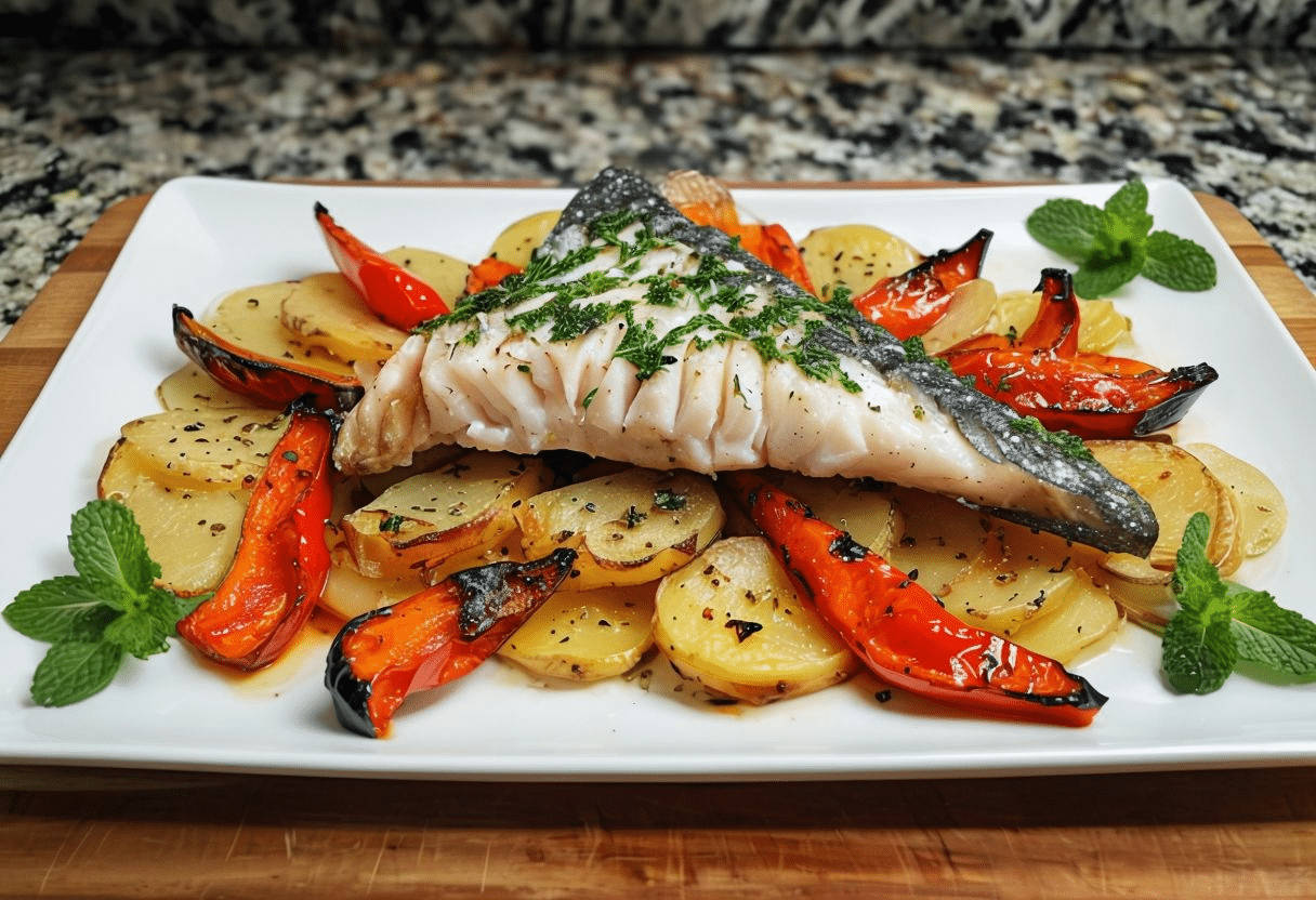Bacalao con patatas panaderas cebolla y pimientos Bacalao con patatas panaderas cebolla y pimientos