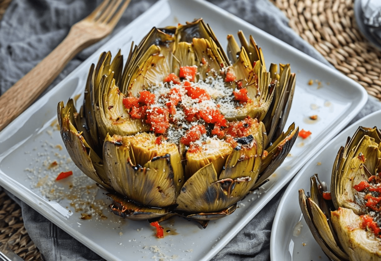 Alcachofas a la plancha en flor con jamón Alcachofas a la plancha en flor con jamón