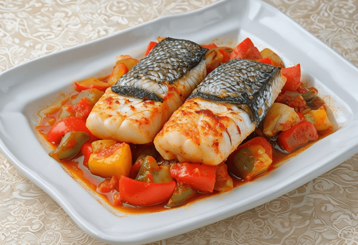 Bacalao con patatas panaderas cebolla y pimientos Bacalao con patatas panaderas cebolla y pimientos