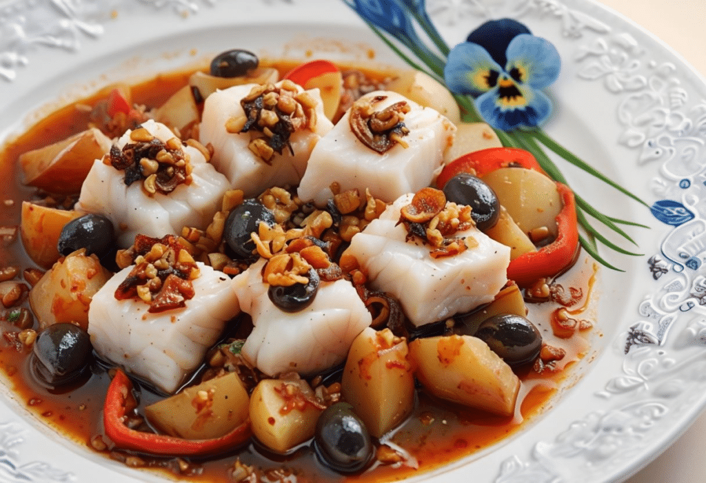 Bacalao con patatas panaderas cebolla y pimientos